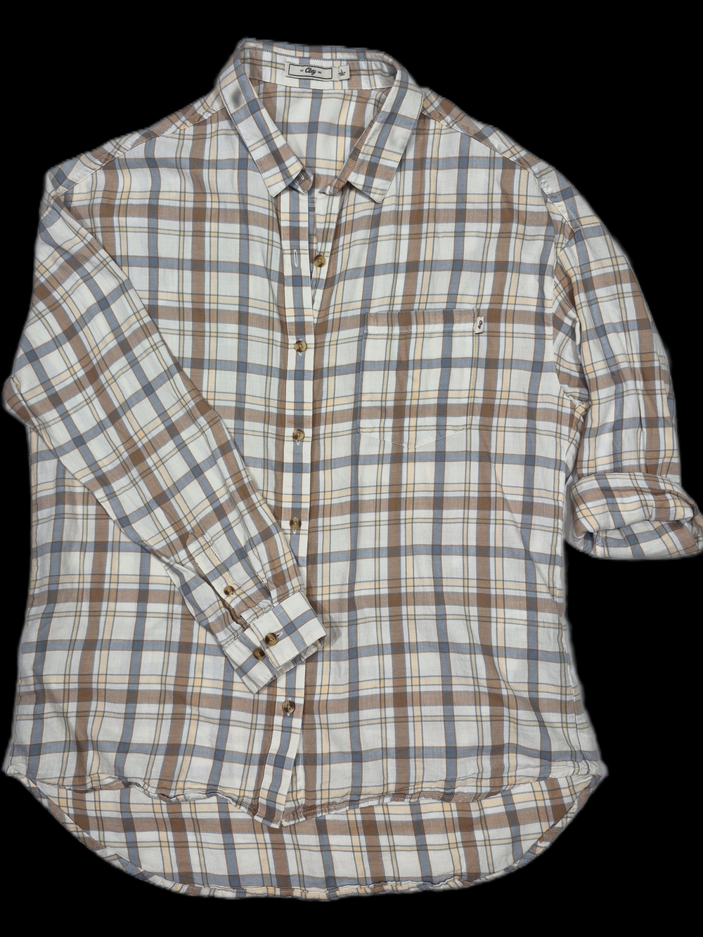 Obey Plaid Button-Down Shirt in White, Brown & Blue